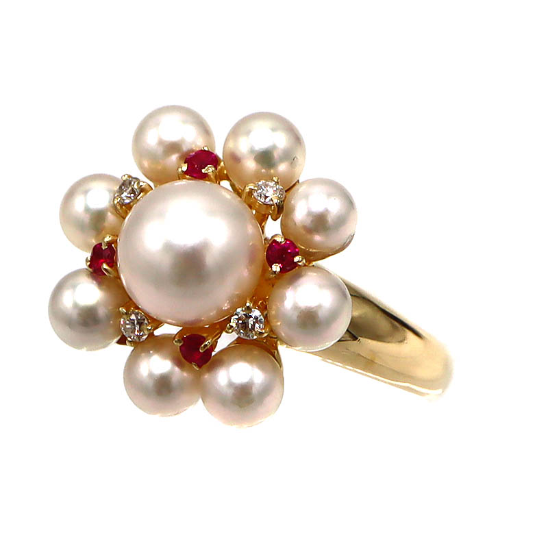 K18 18金 パール/R0.14ct/D0.05ctリング 真珠 ルビー ダイヤモンド 指輪 ジュエリー レディース【中古】