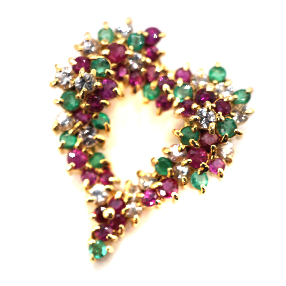 K18 ゴールド ダイヤモンド エメラルド ルビー ハートトップ ジュエリー アクセサリー 【中古】