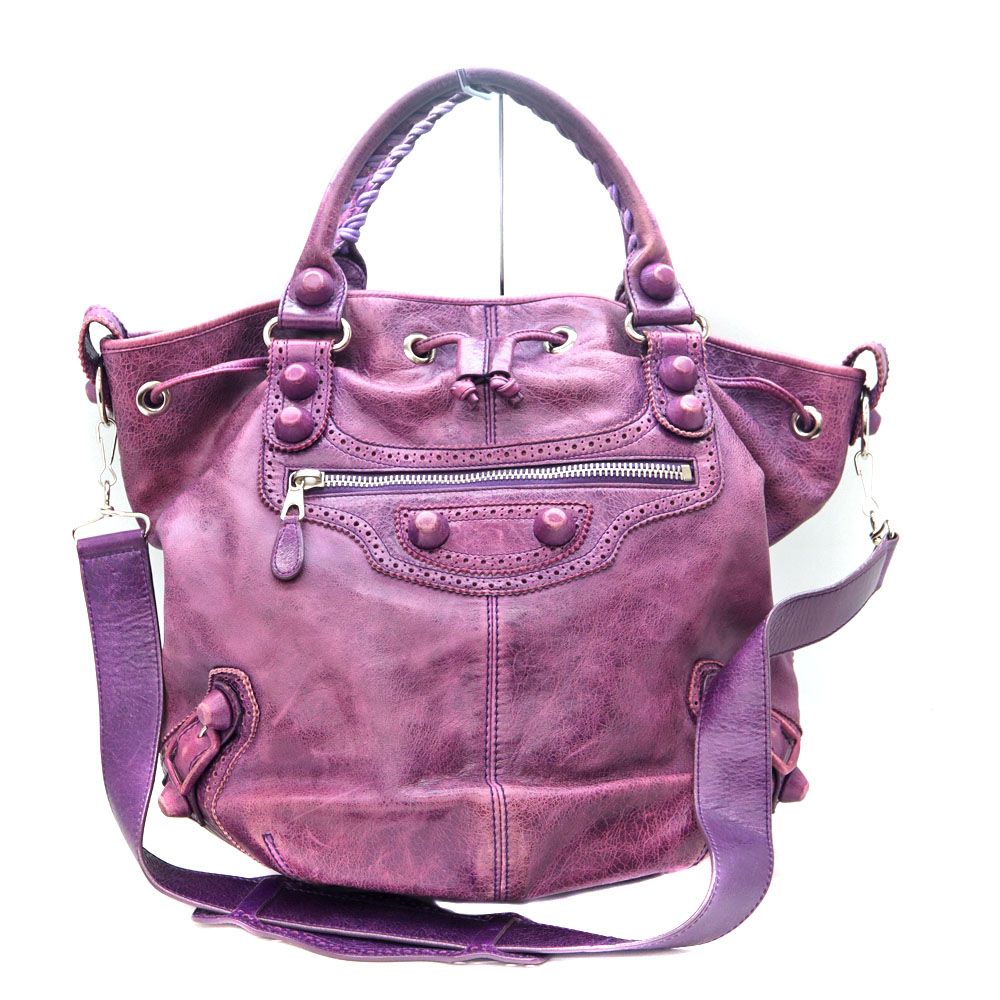 バレンシアガ Balenciaga 497717 ジャイアントポンポン 2WAYバッグ トートバッグ ショルダーバッグ レザー パープル 【中古】