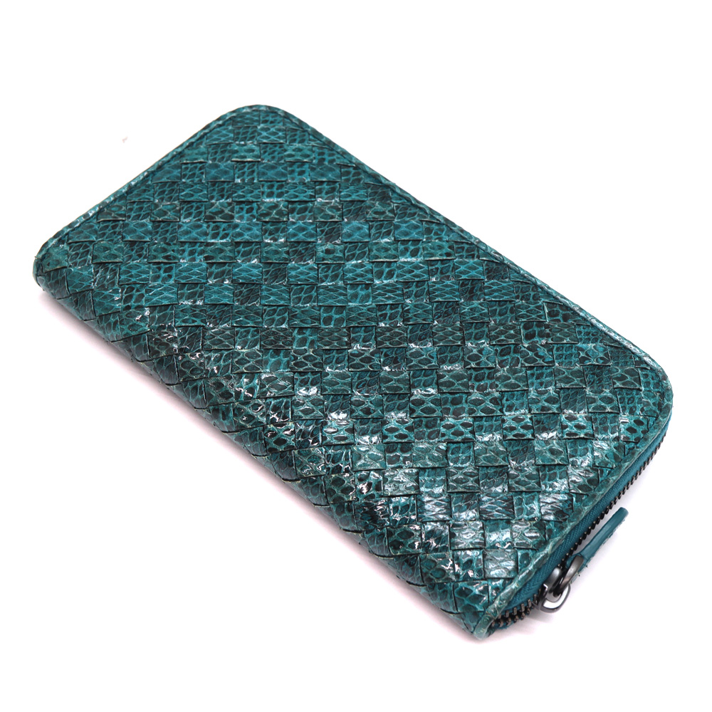 ボッテガヴェネタ Bottega Veneta ラウンドファスナー財布 イントレチャート レザー アイヤーズ グリーン【中古】