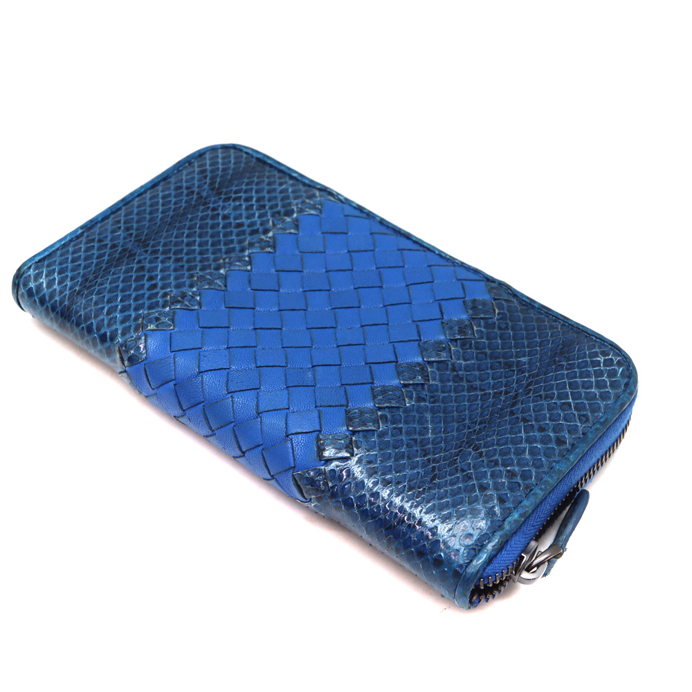 ボッテガヴェネタ Bottega Veneta ラウンドファスナー財布 イントレチャート レザー アイヤーズ ブルー【中古】