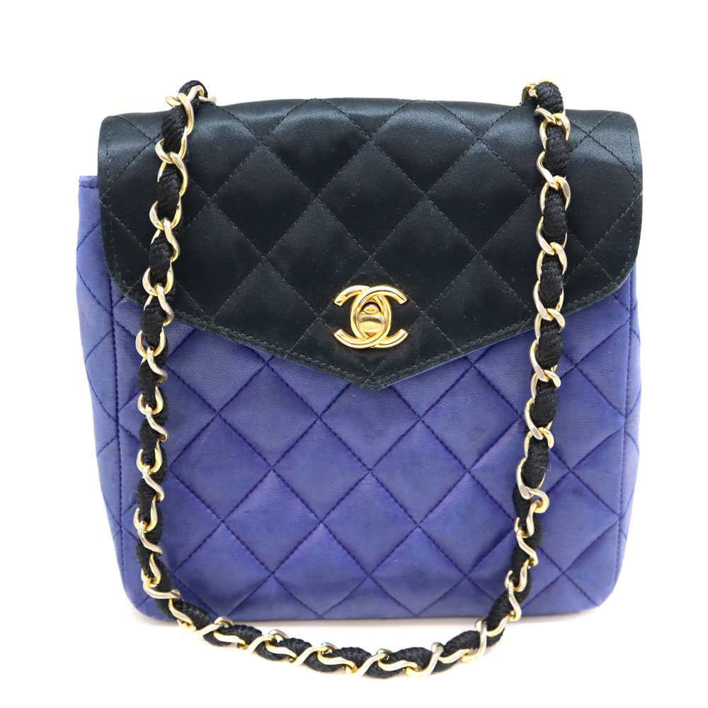 シャネル Chanel チェーンショルダーバッグ サテン レザー ブラック ブルー 【中古】