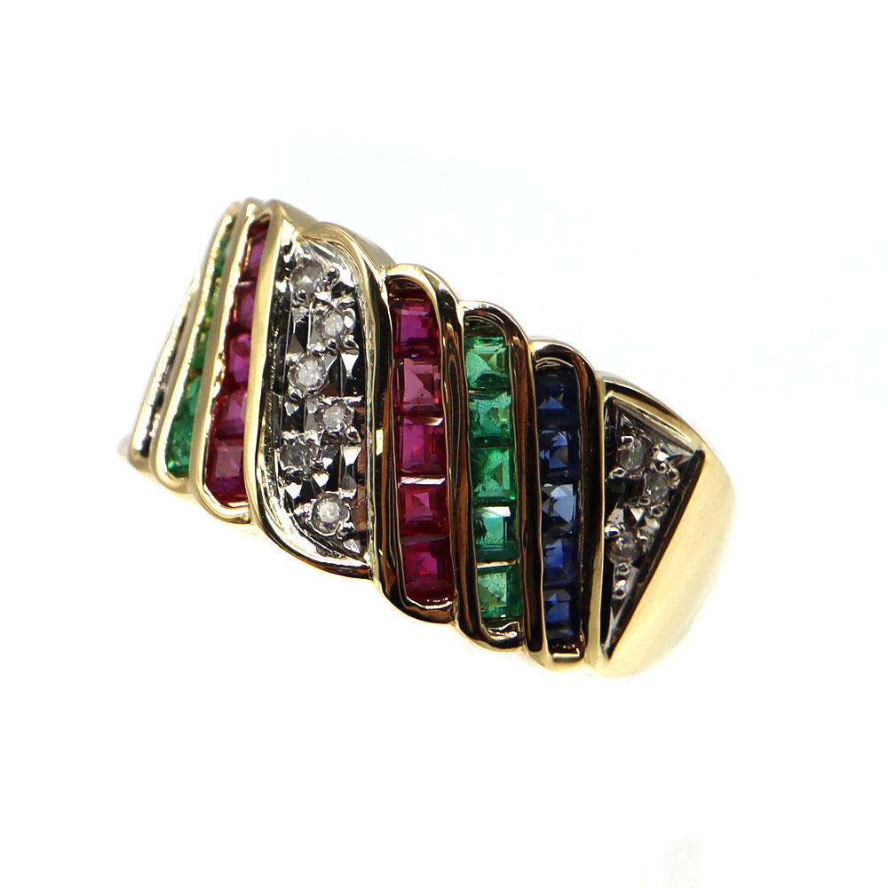 K18 18金 Pt900 プラチナ900 マルチリング ゴールド ダイヤモンド サファイア エメラルド ルビー レディース【中古】